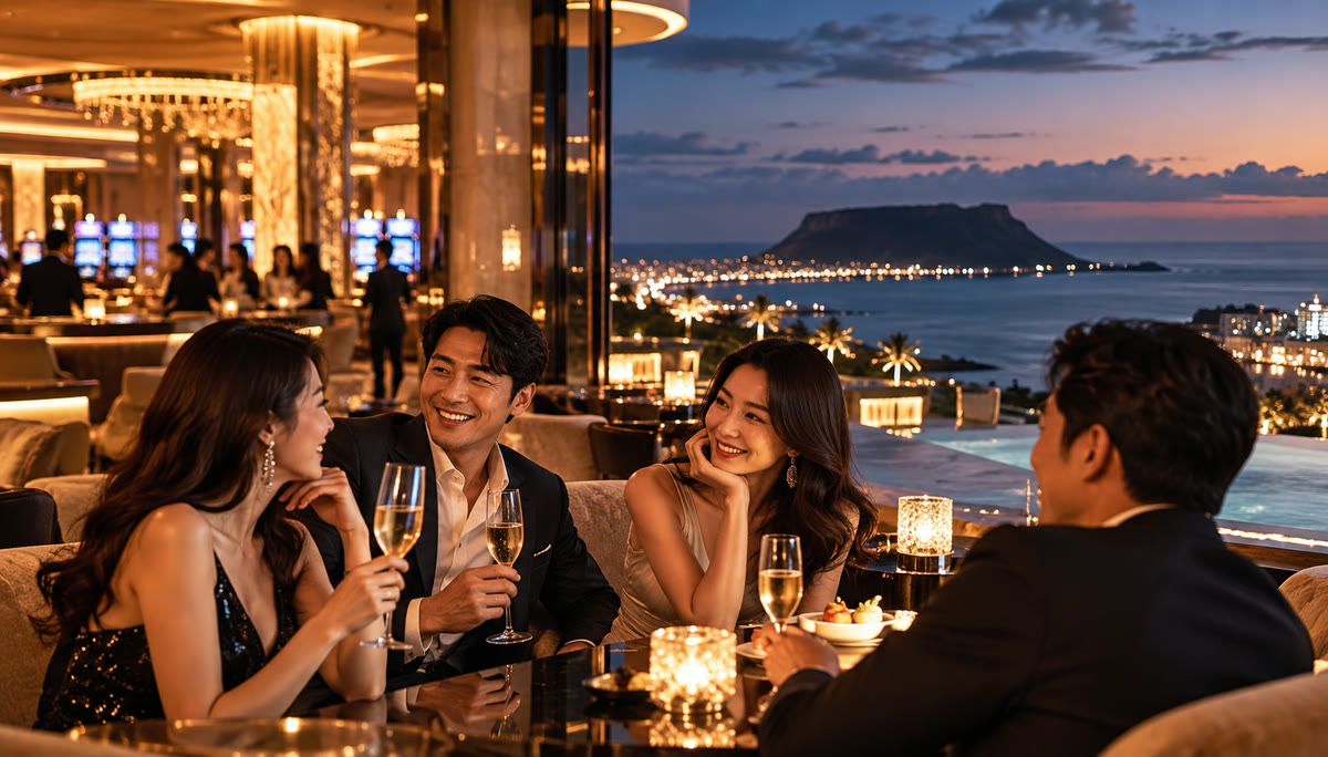 东亚游客在济州海岸夜景旁的度假村酒廊相聚